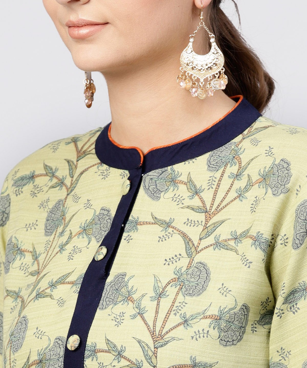 Pastel Green Printed Panelled Khadi Kurta With Mandarin Collar And Front Placket | LASVINI - Redefining Indian Fashion with Elegance