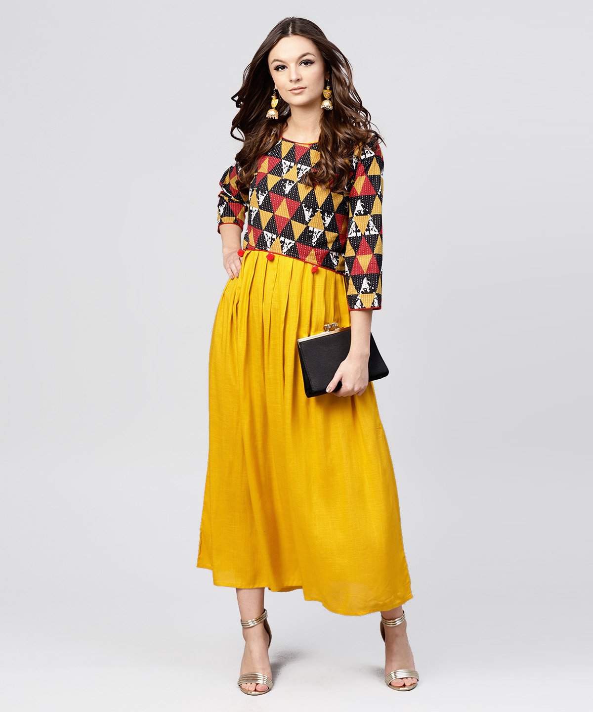 Bright Yellow Rayon A-Line Box Pleated Maxi With Attached Jacket Till Yoke And Embellished With Tassels | LASVINI - Redefining Indian Fashion with Elegance