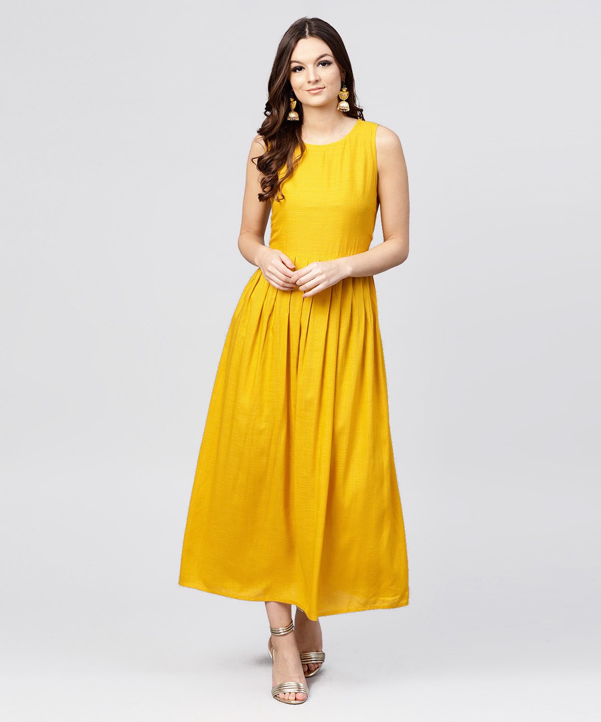 Bright Yellow Rayon A-Line Box Pleated Maxi With Attached Jacket Till Yoke And Embellished With Tassels | LASVINI - Redefining Indian Fashion with Elegance