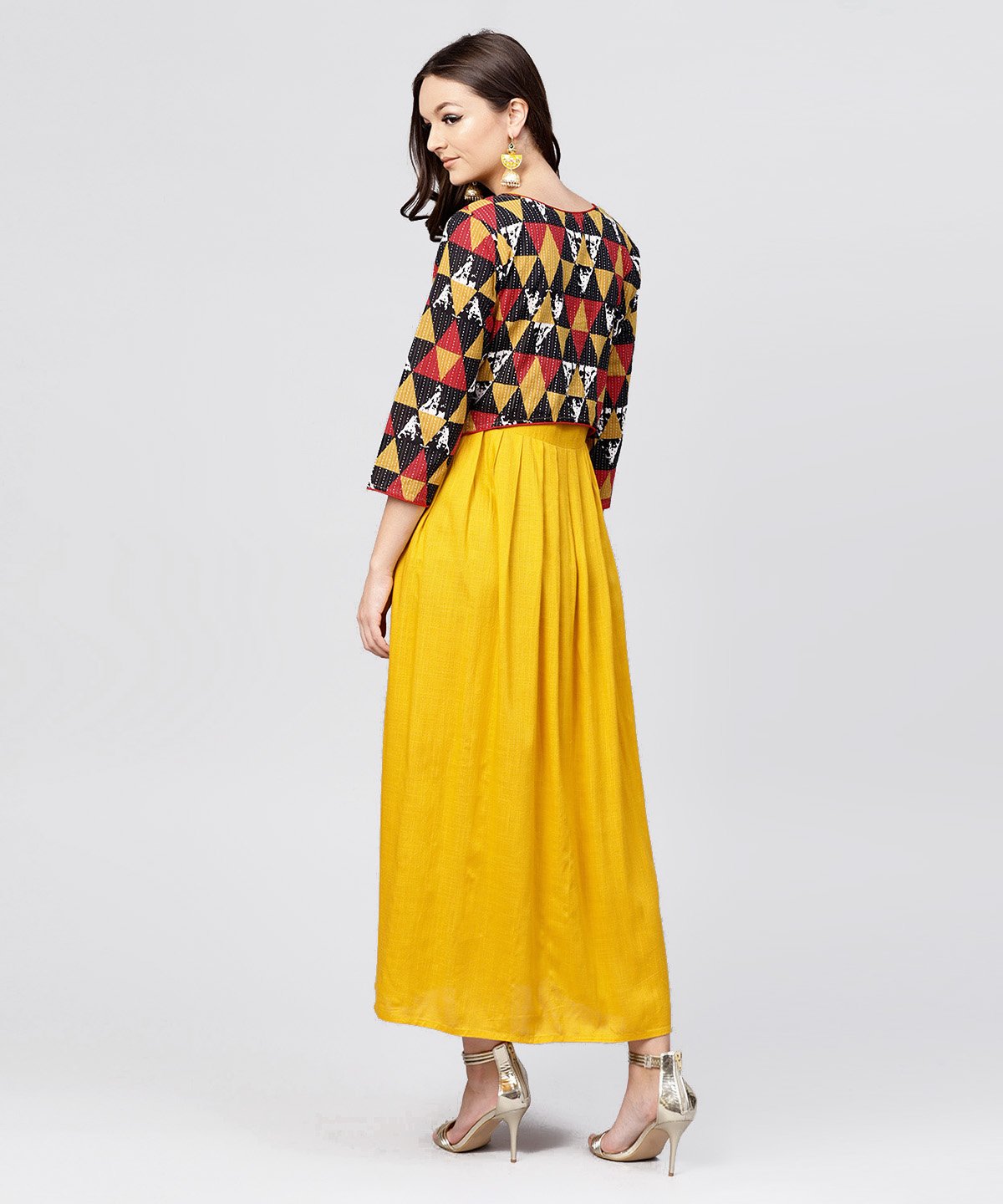 Bright Yellow Rayon A-Line Box Pleated Maxi With Attached Jacket Till Yoke And Embellished With Tassels | LASVINI - Redefining Indian Fashion with Elegance