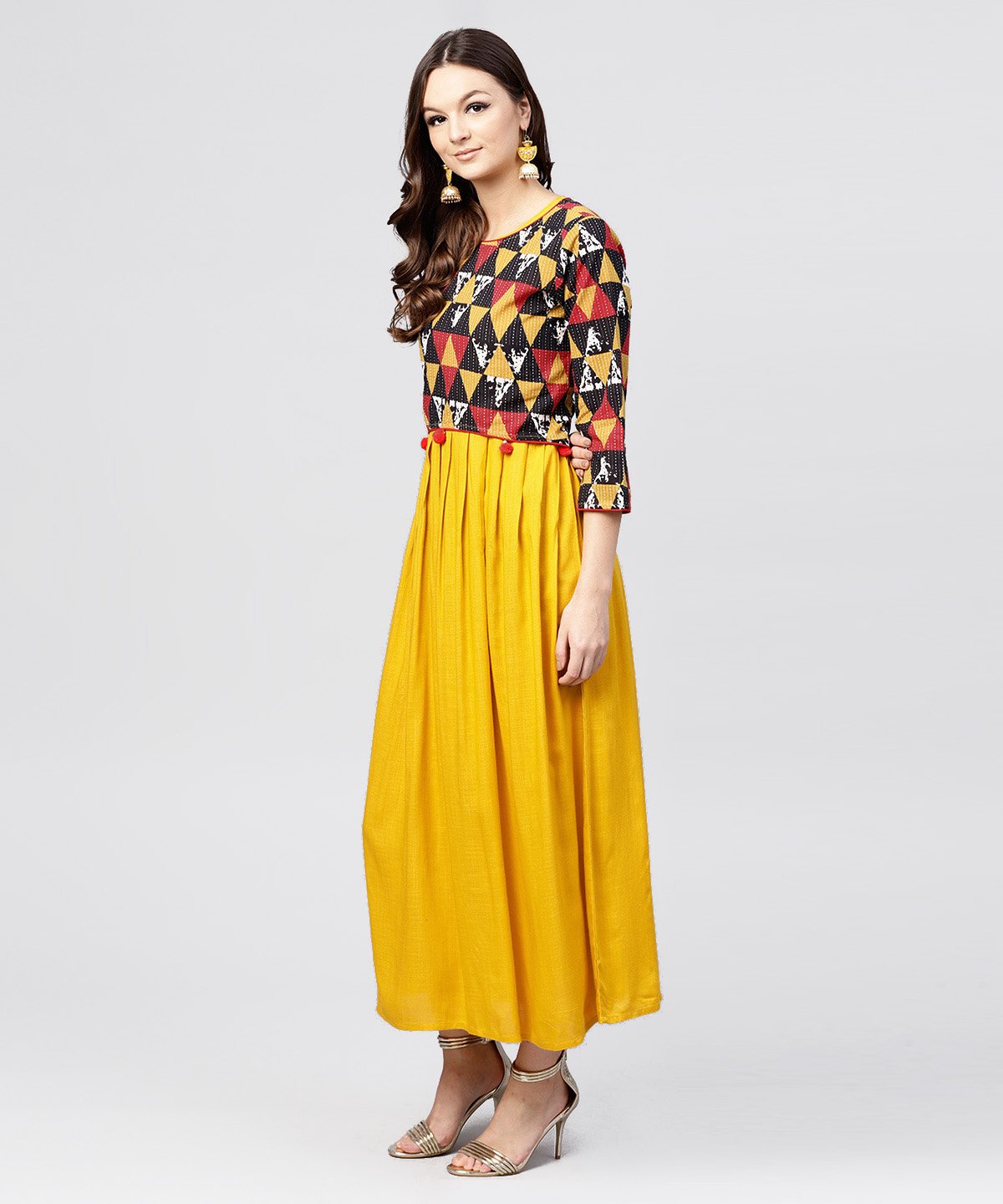 Bright Yellow Rayon A-Line Box Pleated Maxi With Attached Jacket Till Yoke And Embellished With Tassels | LASVINI - Redefining Indian Fashion with Elegance