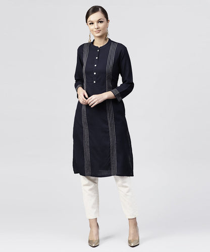 Navy Blue Round Neck Kurta With 3/4 Sleeves And Front Placket | LASVINI - Redefining Indian Fashion with Elegance