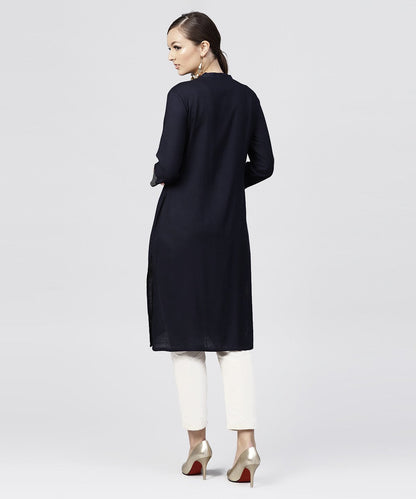 Navy Blue Round Neck Kurta With 3/4 Sleeves And Front Placket | LASVINI - Redefining Indian Fashion with Elegance