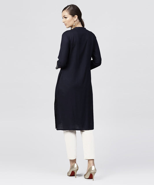 Navy Blue Round Neck Kurta With 3/4 Sleeves And Front Placket | LASVINI - Redefining Indian Fashion with Elegance