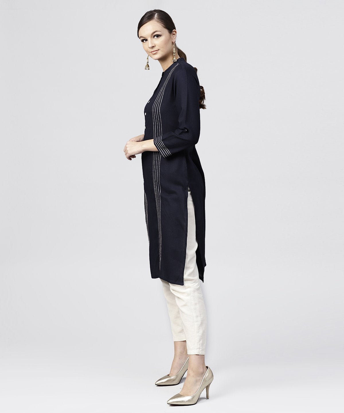 Navy Blue Round Neck Kurta With 3/4 Sleeves And Front Placket | LASVINI - Redefining Indian Fashion with Elegance