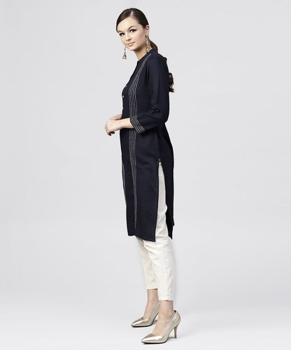 Navy Blue Round Neck Kurta With 3/4 Sleeves And Front Placket | LASVINI - Redefining Indian Fashion with Elegance