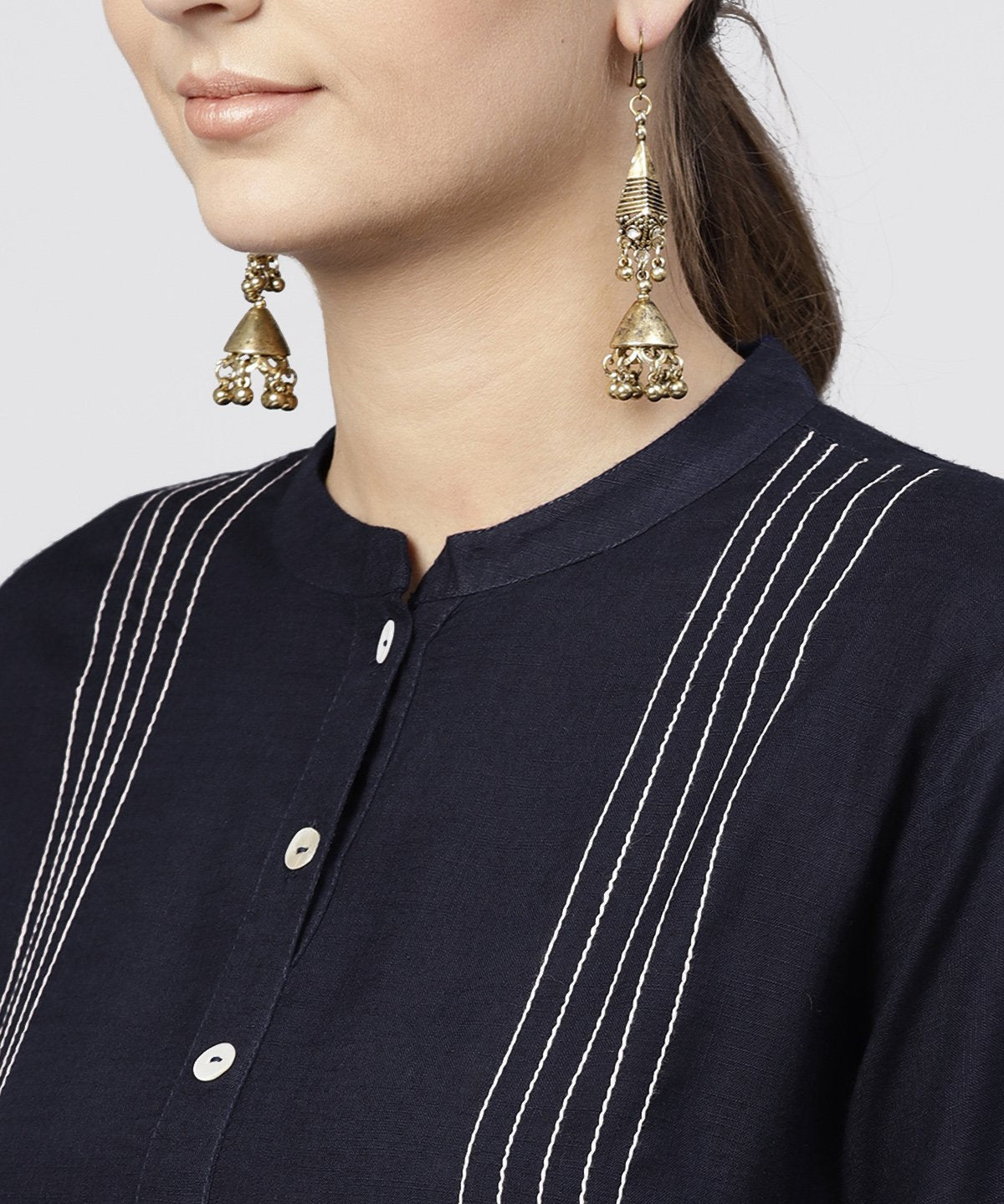 Navy Blue Round Neck Kurta With 3/4 Sleeves And Front Placket | LASVINI - Redefining Indian Fashion with Elegance