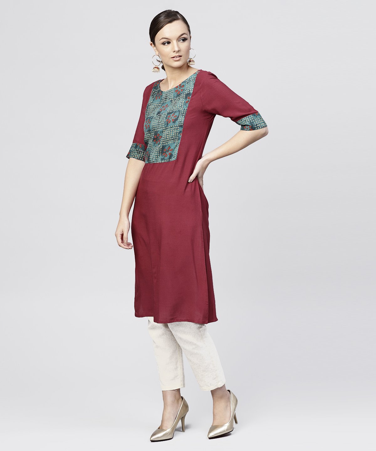 Red Kurta With Half Sleeves And Front Yoke | LASVINI - Redefining Indian Fashion with Elegance
