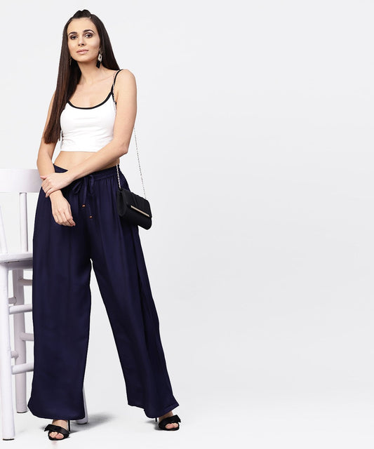 Navy Blue Ankle Length Flared Palazzo | LASVINI - Redefining Indian Fashion with Elegance