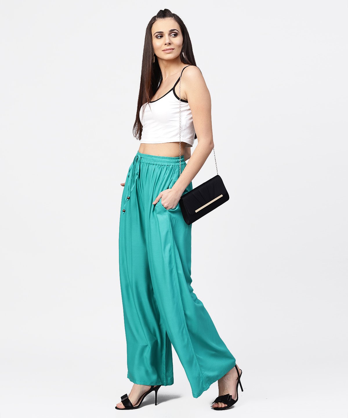 Turquoise Blue Flared Ankle Length Palazzo | LASVINI - Redefining Indian Fashion with Elegance