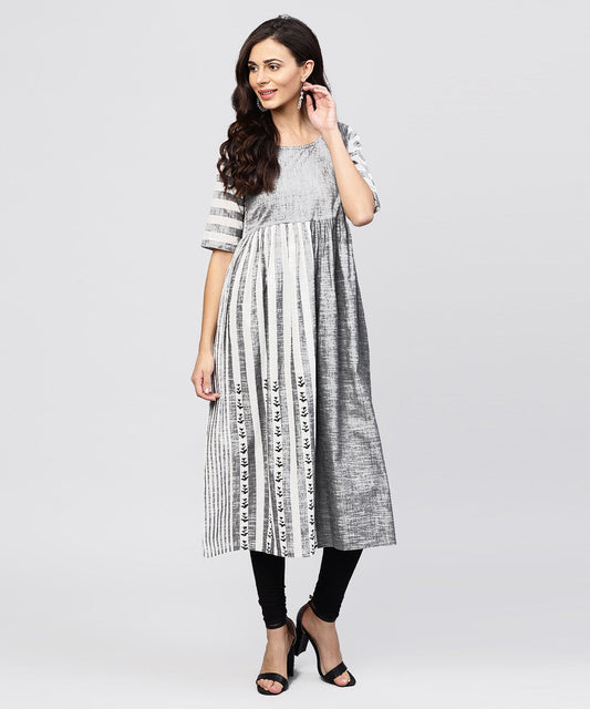 Grey And White Stripes Handloom Calf Length Kurta With Round Neck And Half Sleeves | LASVINI - Redefining Indian Fashion with Elegance
