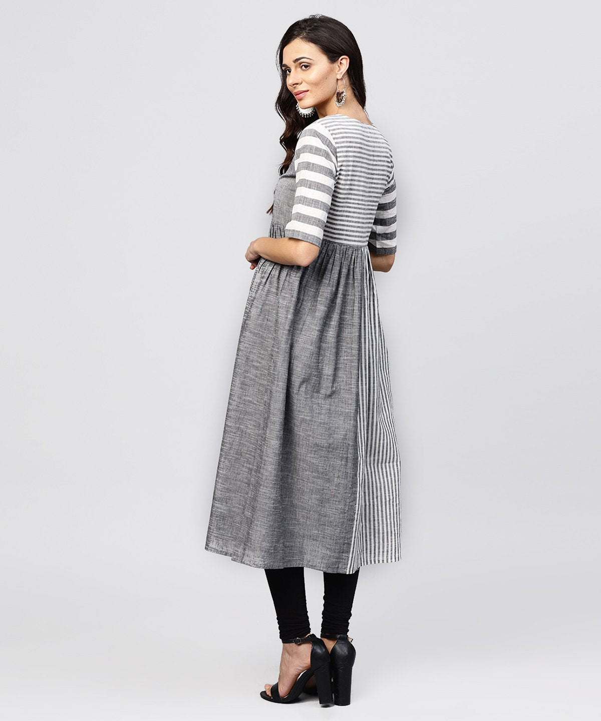 Grey And White Stripes Handloom Calf Length Kurta With Round Neck And Half Sleeves | LASVINI - Redefining Indian Fashion with Elegance