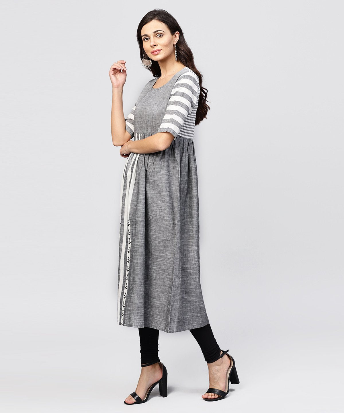 Grey And White Stripes Handloom Calf Length Kurta With Round Neck And Half Sleeves | LASVINI - Redefining Indian Fashion with Elegance