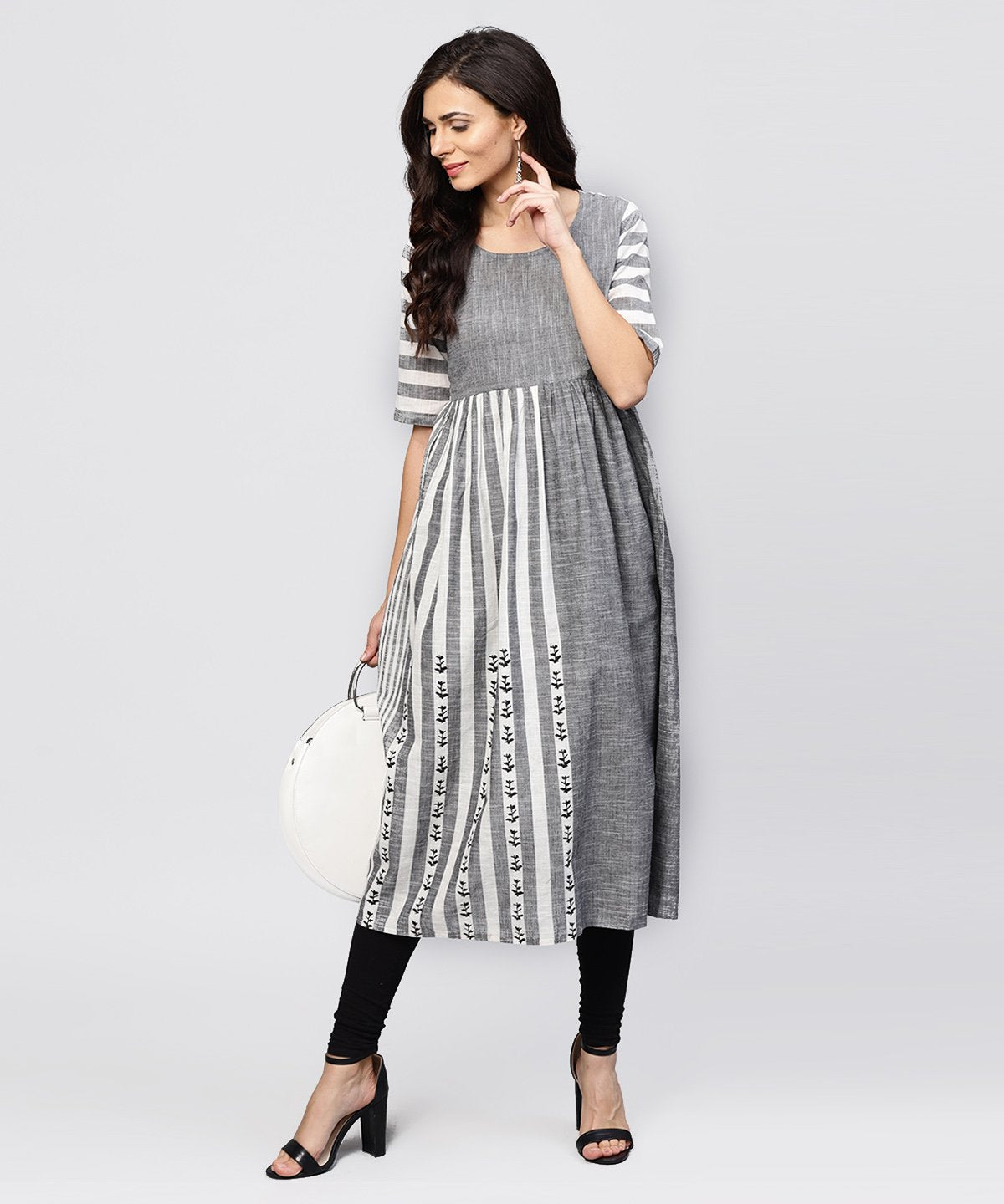 Grey And White Stripes Handloom Calf Length Kurta With Round Neck And Half Sleeves | LASVINI - Redefining Indian Fashion with Elegance