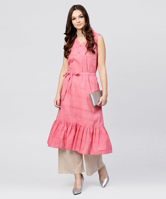 Pink Cotton Tiered Dress With Shirt Collar And Front Packet | LASVINI - Redefining Indian Fashion with Elegance