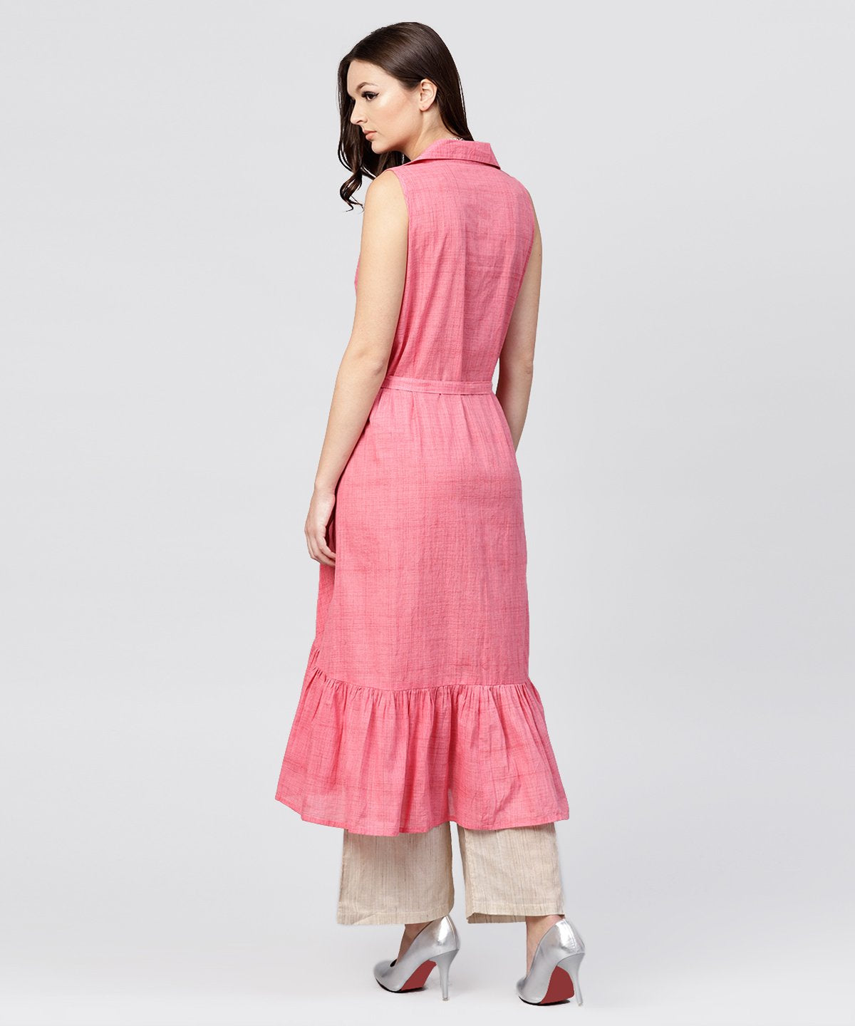 Pink Cotton Tiered Dress With Shirt Collar And Front Packet | LASVINI - Redefining Indian Fashion with Elegance
