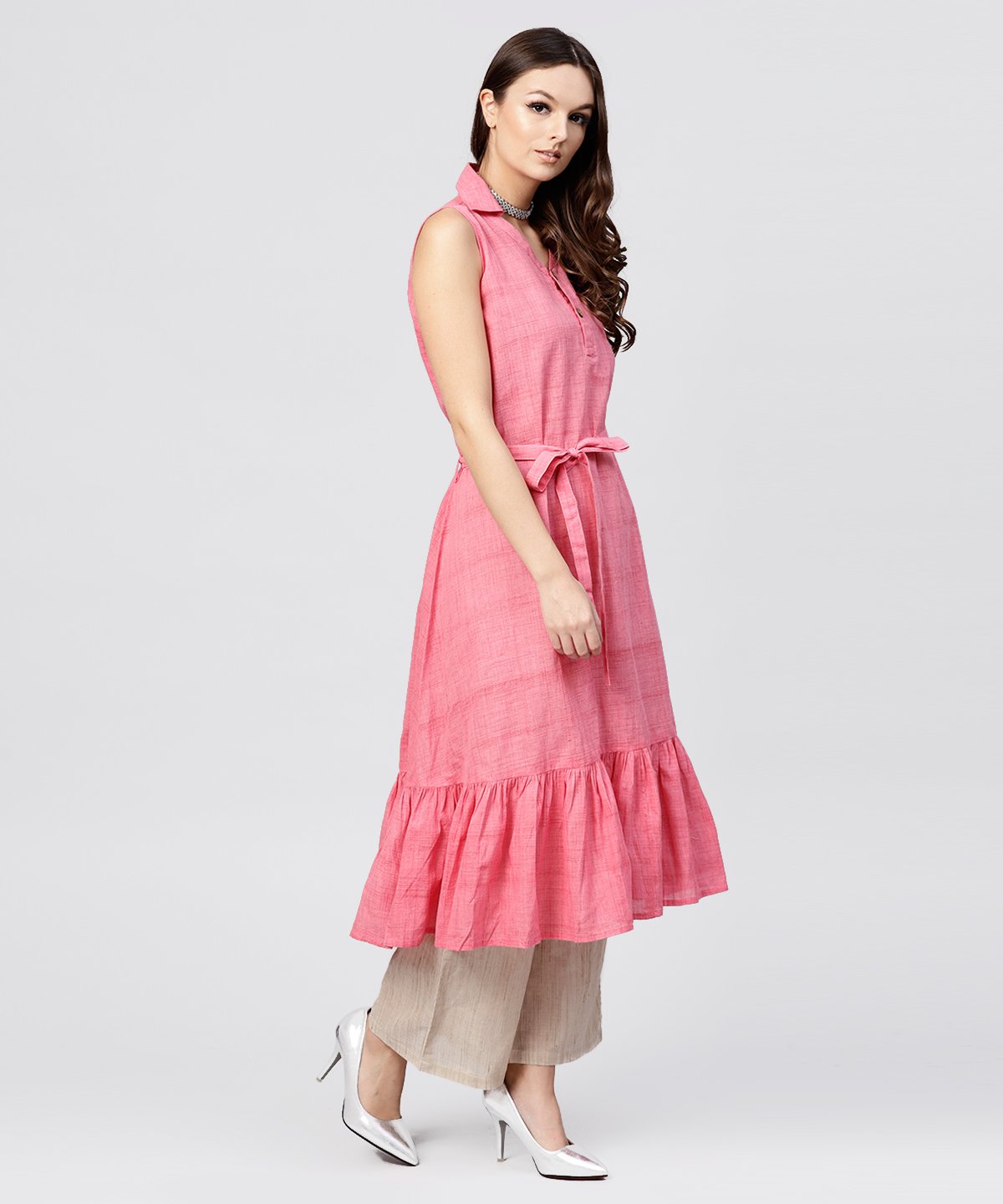Pink Cotton Tiered Dress With Shirt Collar And Front Packet | LASVINI - Redefining Indian Fashion with Elegance