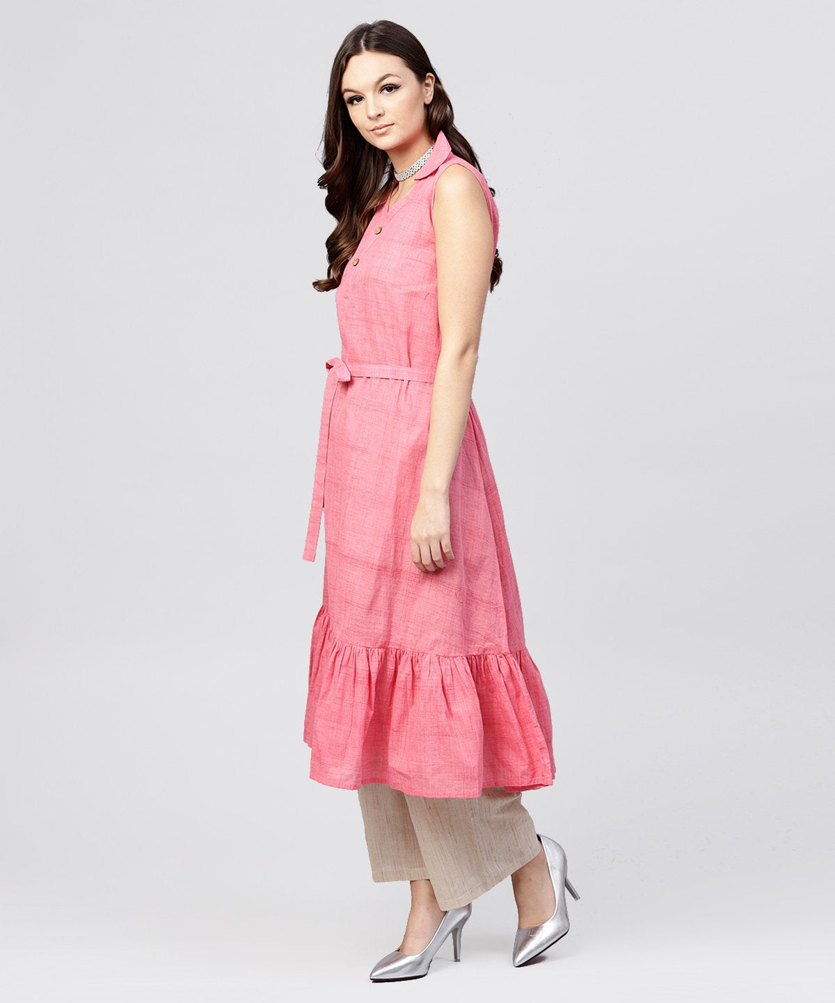 Pink Cotton Tiered Dress With Shirt Collar And Front Packet | LASVINI - Redefining Indian Fashion with Elegance