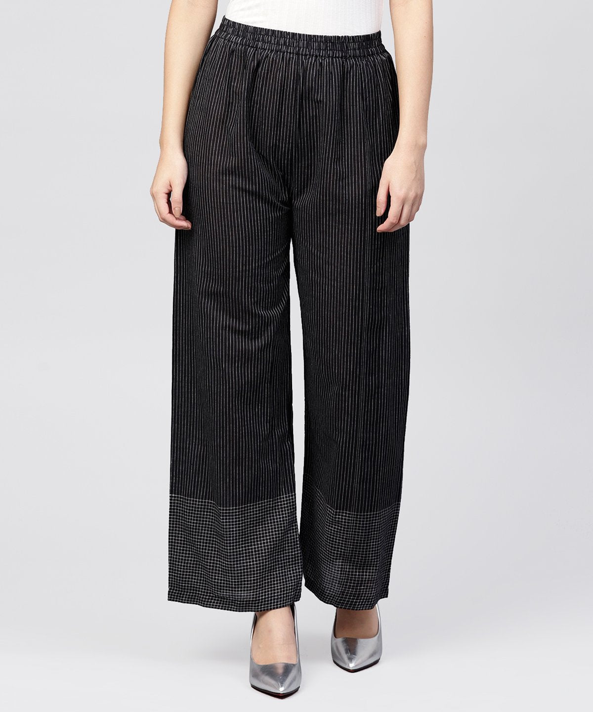 Black Striped Ankle Length Cotton Palazzo | LASVINI - Redefining Indian Fashion with Elegance