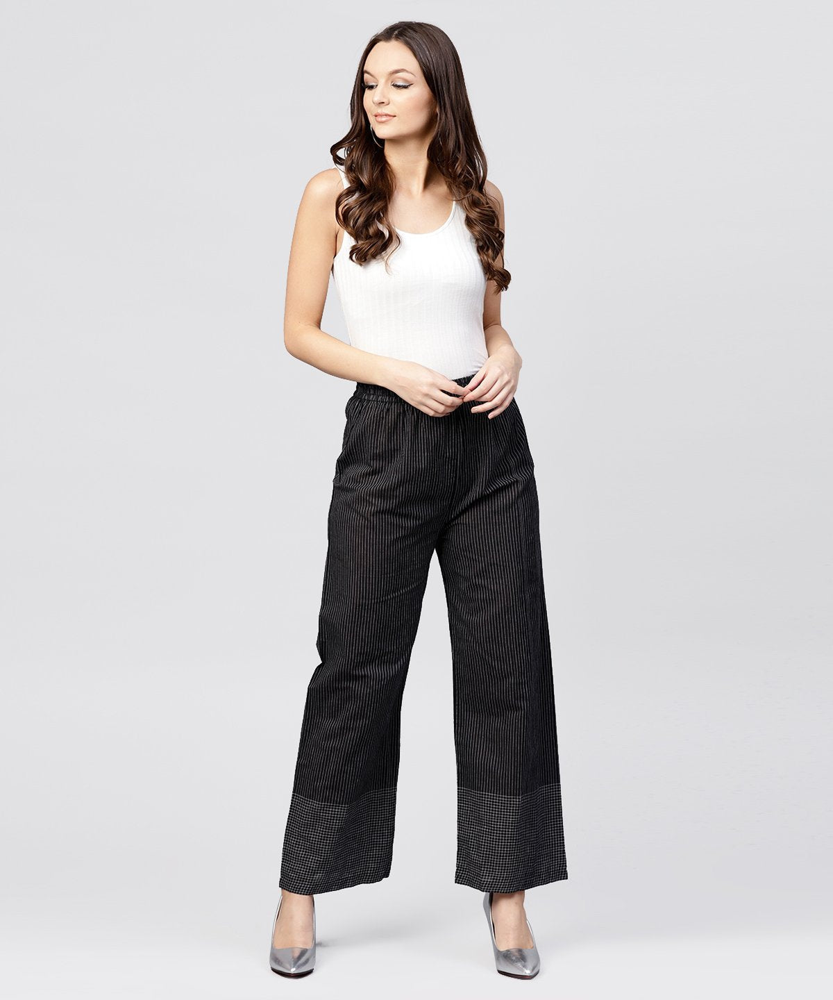 Black Striped Ankle Length Cotton Palazzo | LASVINI - Redefining Indian Fashion with Elegance