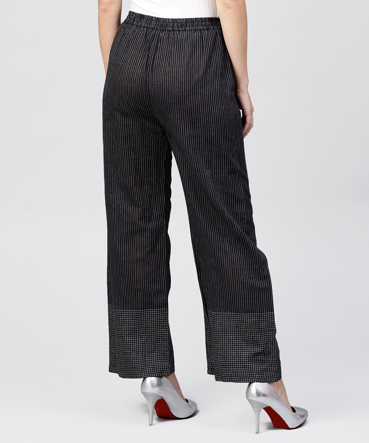 Black Striped Ankle Length Cotton Palazzo | LASVINI - Redefining Indian Fashion with Elegance