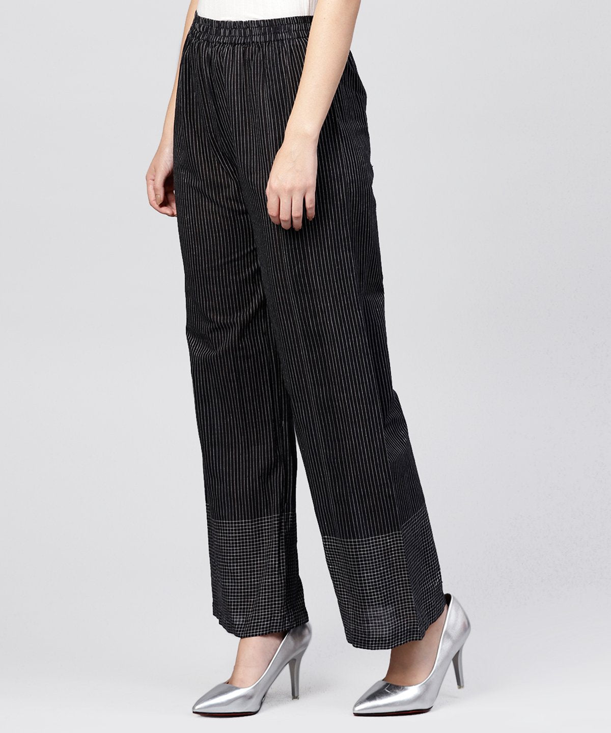 Black Striped Ankle Length Cotton Palazzo | LASVINI - Redefining Indian Fashion with Elegance