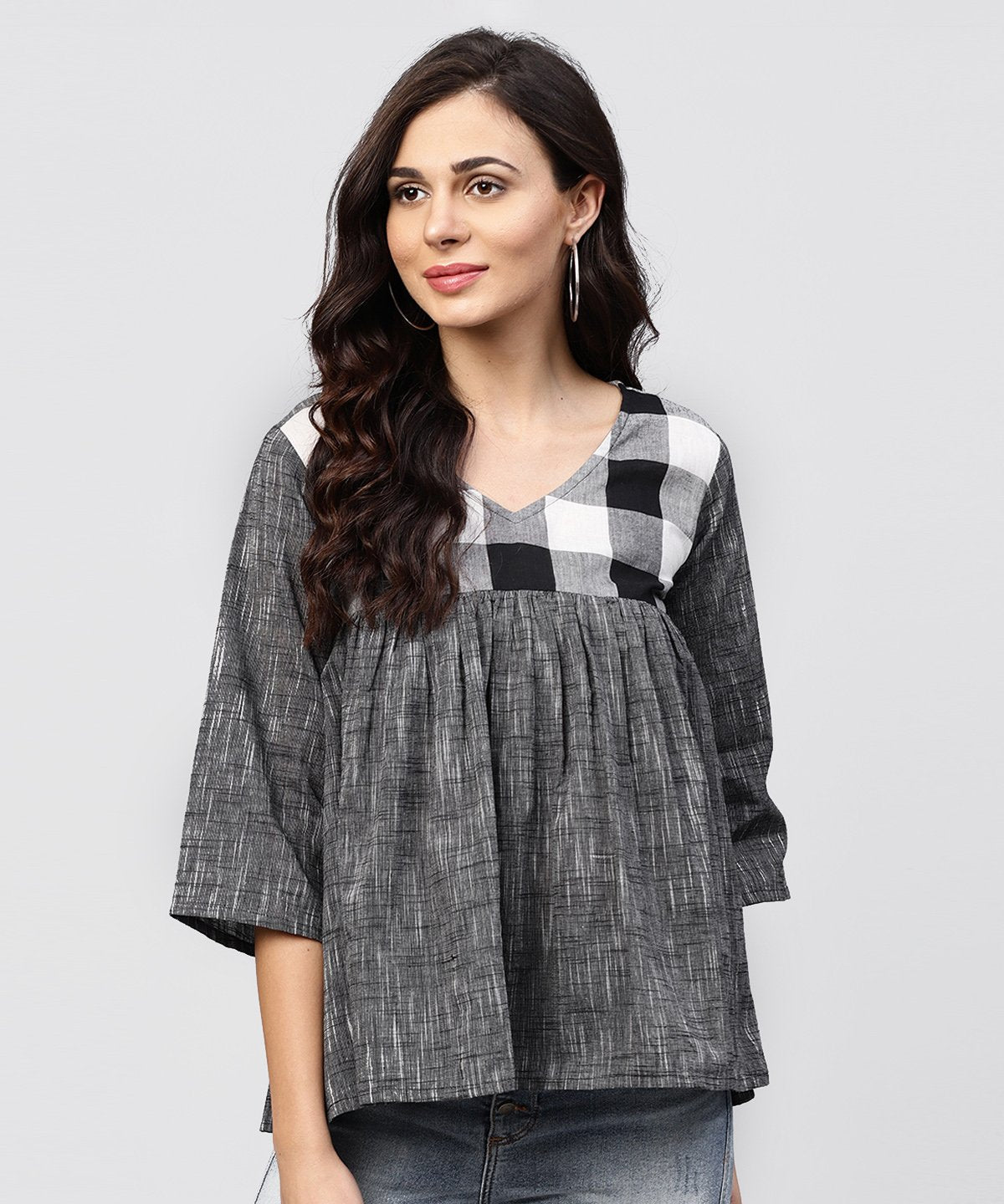 Grey Top With V-Neck And Flared Sleeves | LASVINI - Redefining Indian Fashion with Elegance