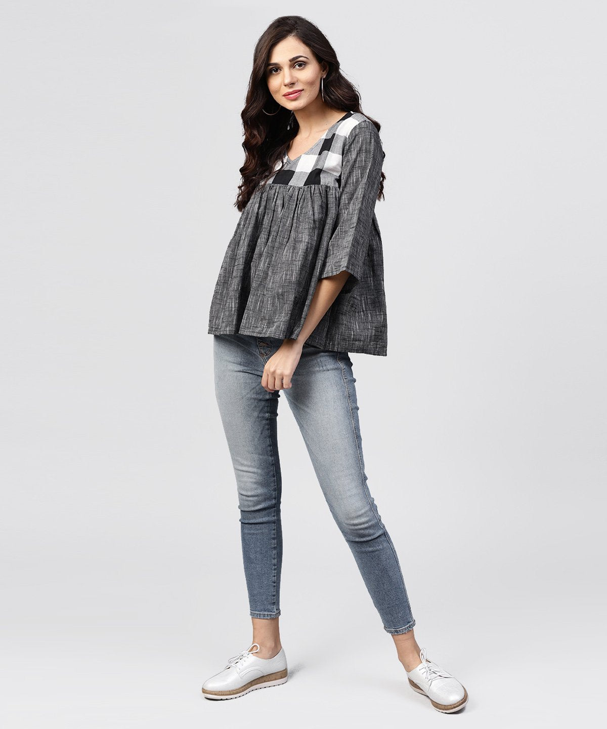 Grey Top With V-Neck And Flared Sleeves | LASVINI - Redefining Indian Fashion with Elegance