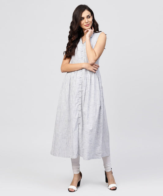 White Striped Kurta With Yoke And Notched Neck Line | LASVINI - Redefining Indian Fashion with Elegance