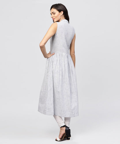 White Striped Kurta With Yoke And Notched Neck Line | LASVINI - Redefining Indian Fashion with Elegance