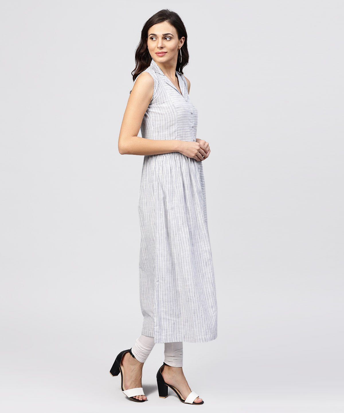 White Striped Kurta With Yoke And Notched Neck Line | LASVINI - Redefining Indian Fashion with Elegance