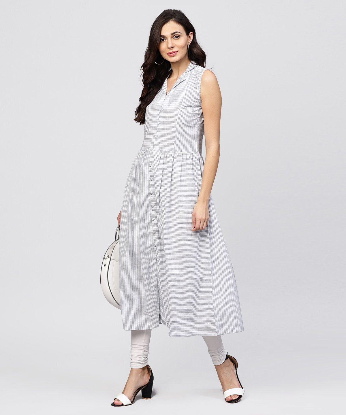 White Striped Kurta With Yoke And Notched Neck Line | LASVINI - Redefining Indian Fashion with Elegance