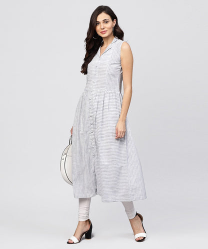 White Striped Kurta With Yoke And Notched Neck Line | LASVINI - Redefining Indian Fashion with Elegance