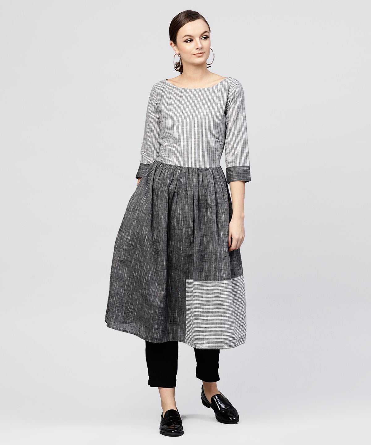 Grey Stripes Claff Length Kurta With 3/4 Sleeves | LASVINI - Redefining Indian Fashion with Elegance