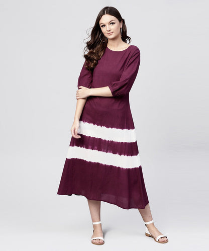 Burgundy Tie And Dye Maxi Dress With Round Neck And 3/4 Sleeves | LASVINI - Redefining Indian Fashion with Elegance