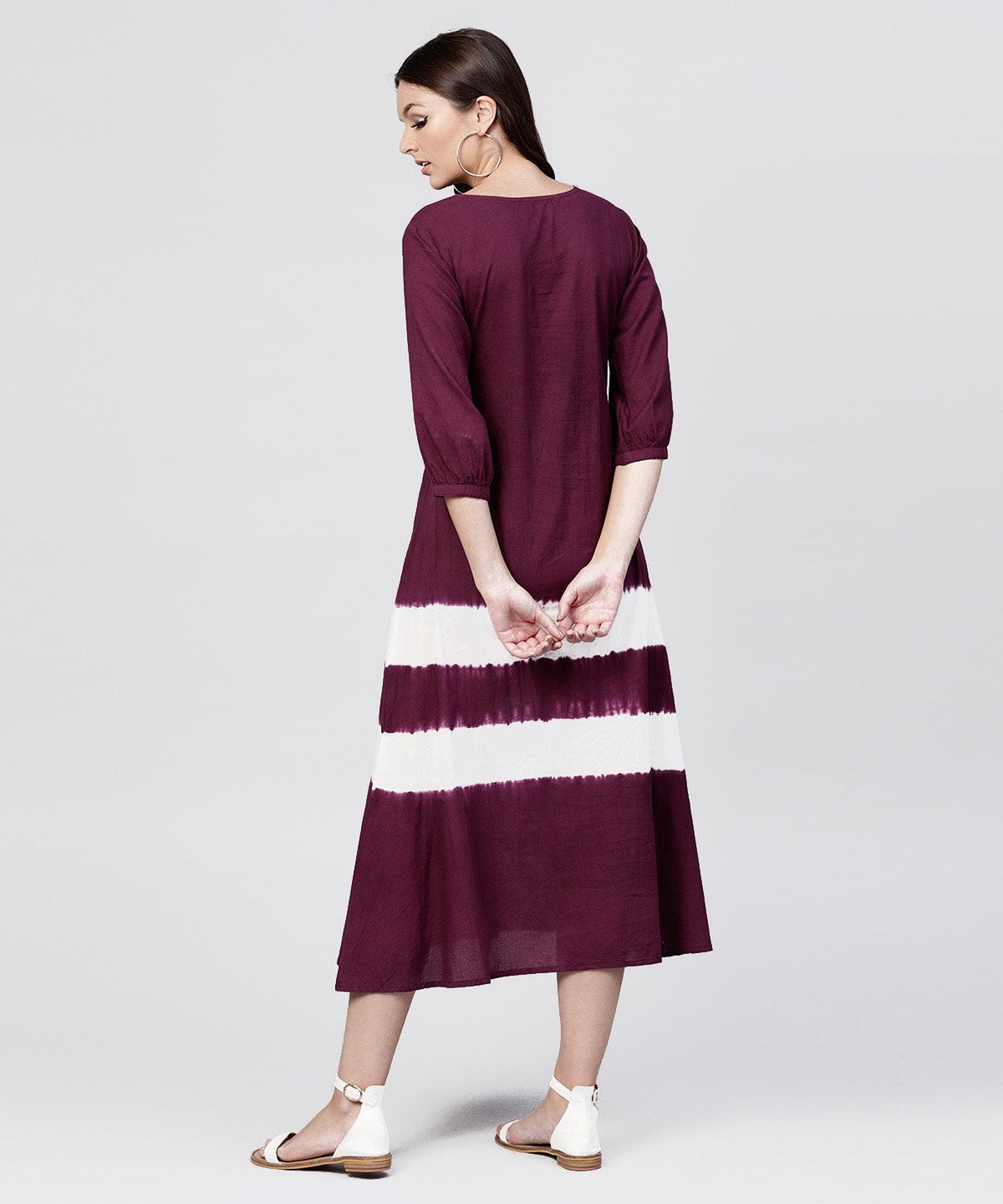 Burgundy Tie And Dye Maxi Dress With Round Neck And 3/4 Sleeves | LASVINI - Redefining Indian Fashion with Elegance
