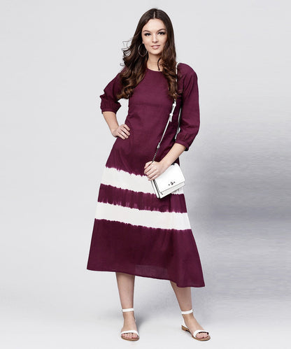 Burgundy Tie And Dye Maxi Dress With Round Neck And 3/4 Sleeves | LASVINI - Redefining Indian Fashion with Elegance