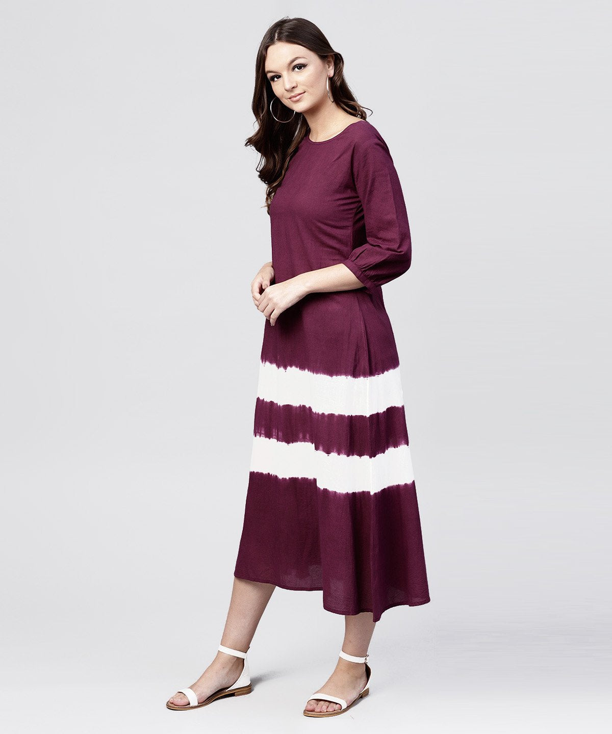Burgundy Tie And Dye Maxi Dress With Round Neck And 3/4 Sleeves | LASVINI - Redefining Indian Fashion with Elegance