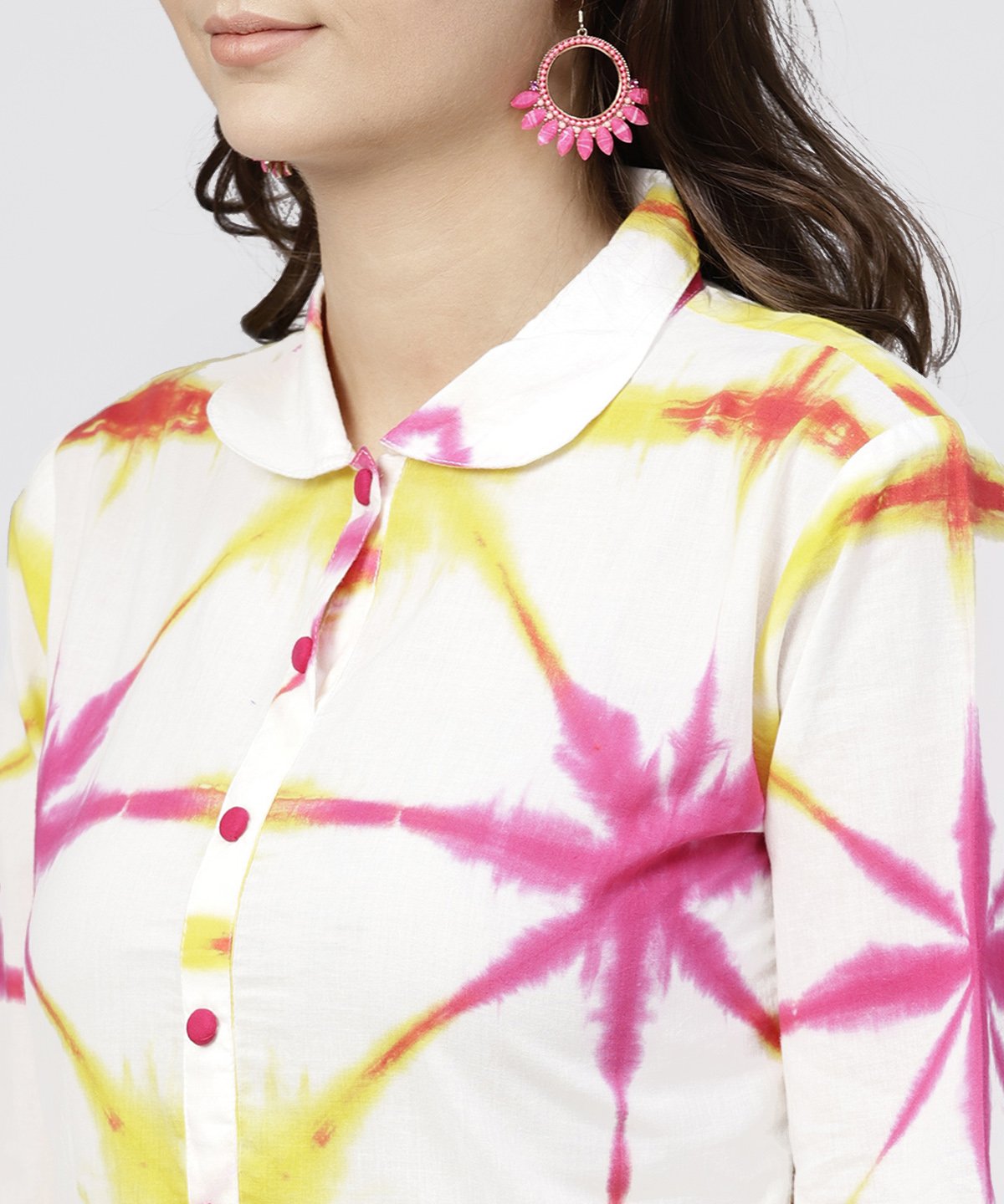 Multi Tie And Dyed Shirt Collar Maxi Dress With Box Pleats And 3/4 Sleeves | LASVINI - Redefining Indian Fashion with Elegance