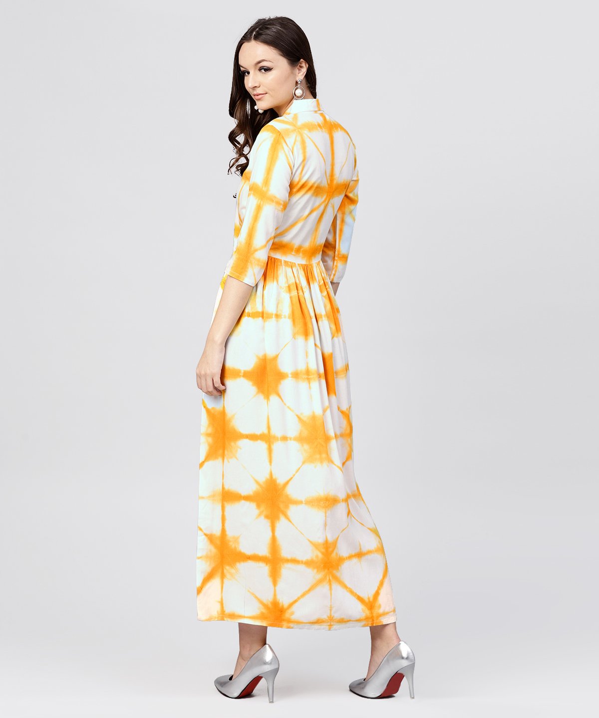 Multi Tie And Dyed Shirt Collar Maxi Dress With Box Pleats And 3/4 Sleeves | LASVINI - Redefining Indian Fashion with Elegance