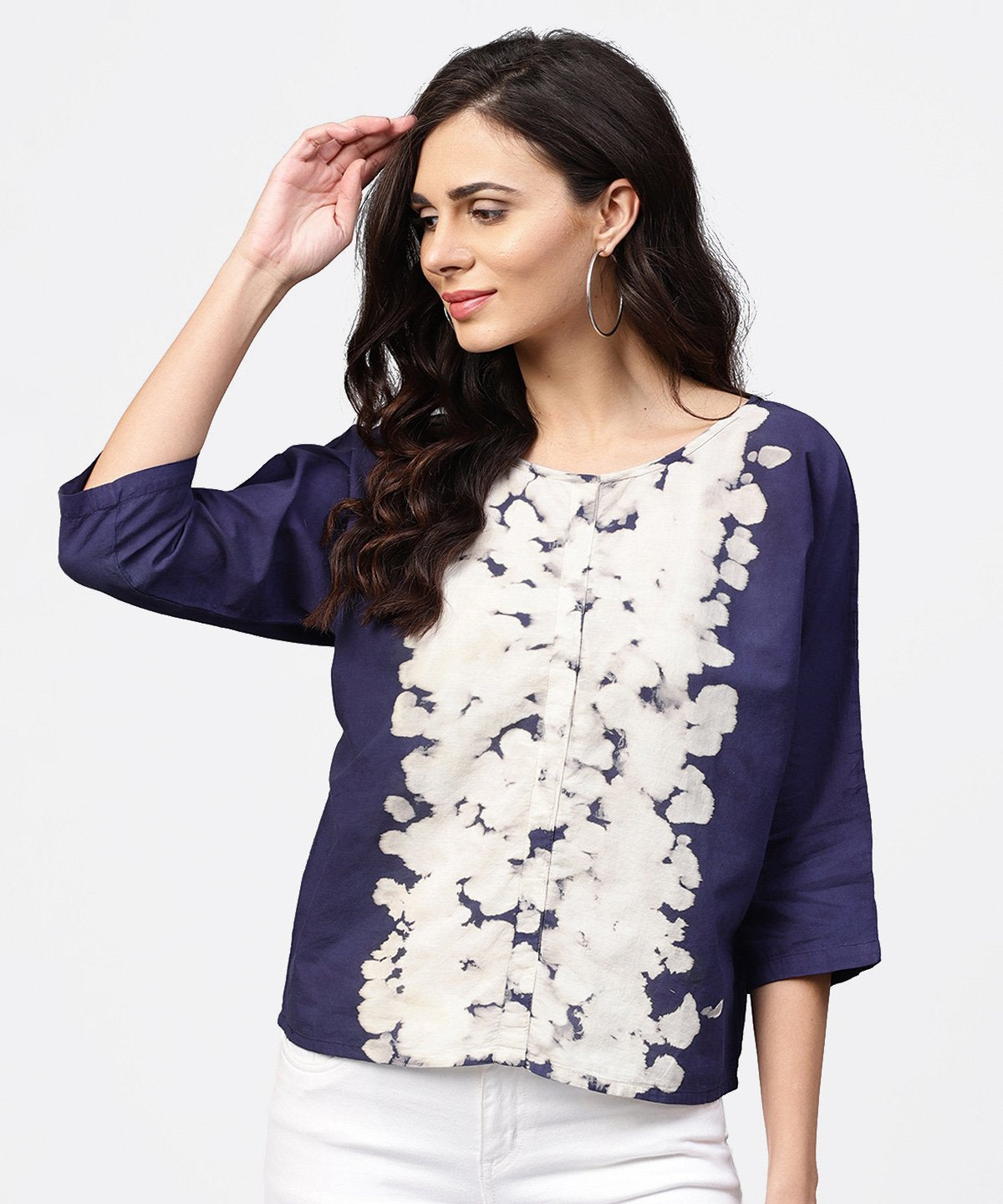 Round Neck Tie & Dye Multi Colored Top With Front Placket And 3/4 Sleeves | LASVINI - Redefining Indian Fashion with Elegance