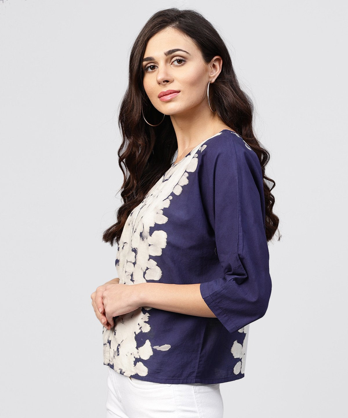 Round Neck Tie & Dye Multi Colored Top With Front Placket And 3/4 Sleeves | LASVINI - Redefining Indian Fashion with Elegance