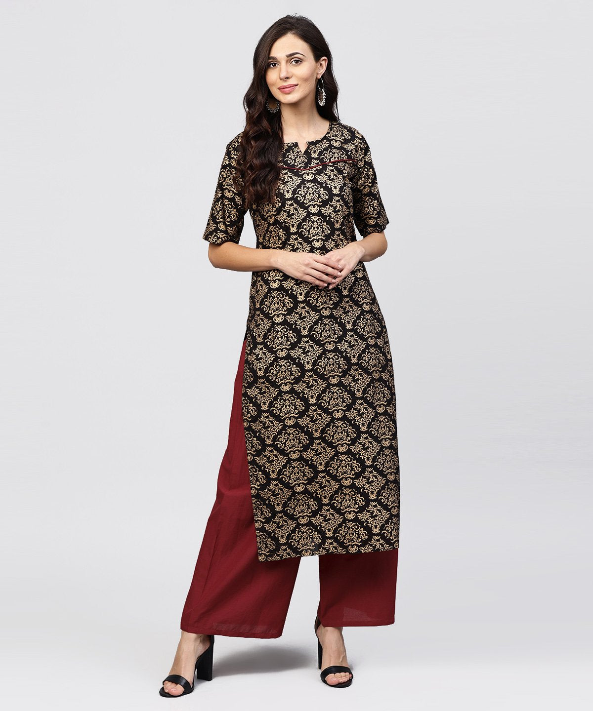 Half Slevees Round Neck Cotton Printed Kurta With Ankle Length Palazzo | LASVINI - Redefining Indian Fashion with Elegance