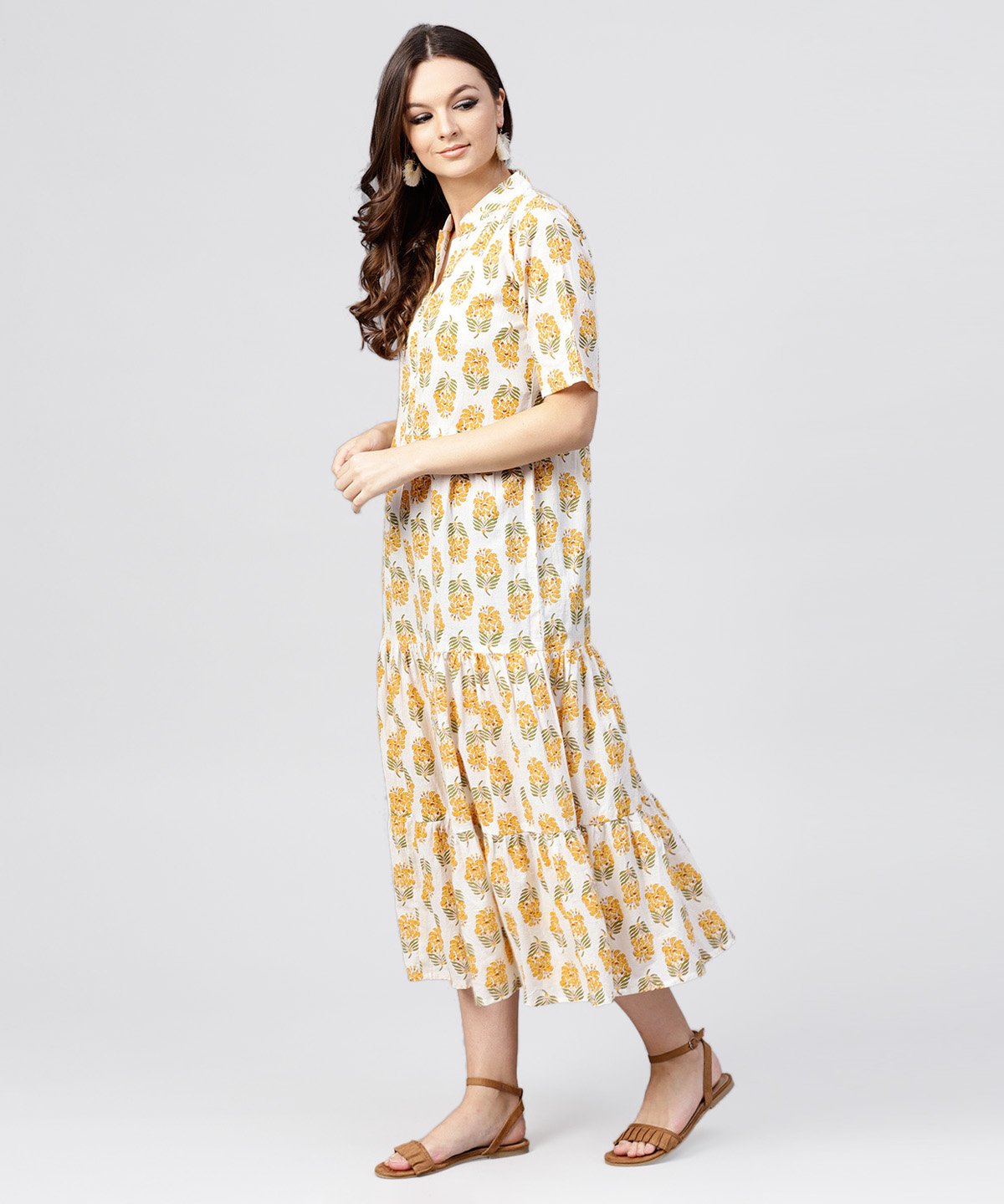 Mandarin Collar Tiered Printed Dress With Front Placket And Half Sleeves | LASVINI - Redefining Indian Fashion with Elegance