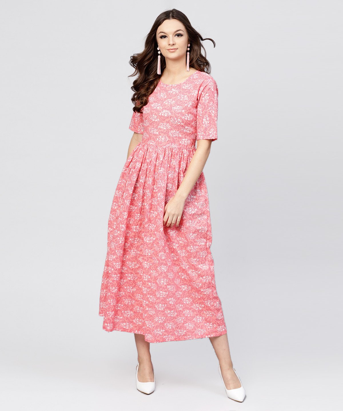 Pink Printed Dress With Round Neck And Half Sleeves | LASVINI - Redefining Indian Fashion with Elegance