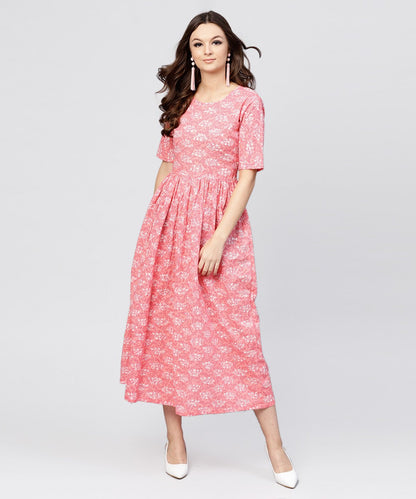 Pink Printed Dress With Round Neck And Half Sleeves | LASVINI - Redefining Indian Fashion with Elegance