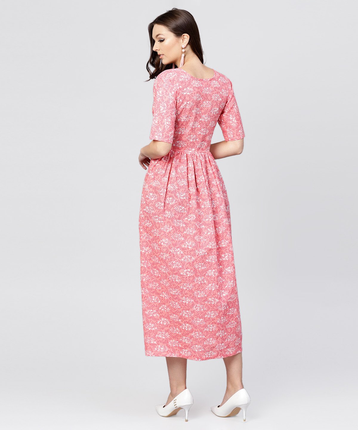 Pink Printed Dress With Round Neck And Half Sleeves | LASVINI - Redefining Indian Fashion with Elegance