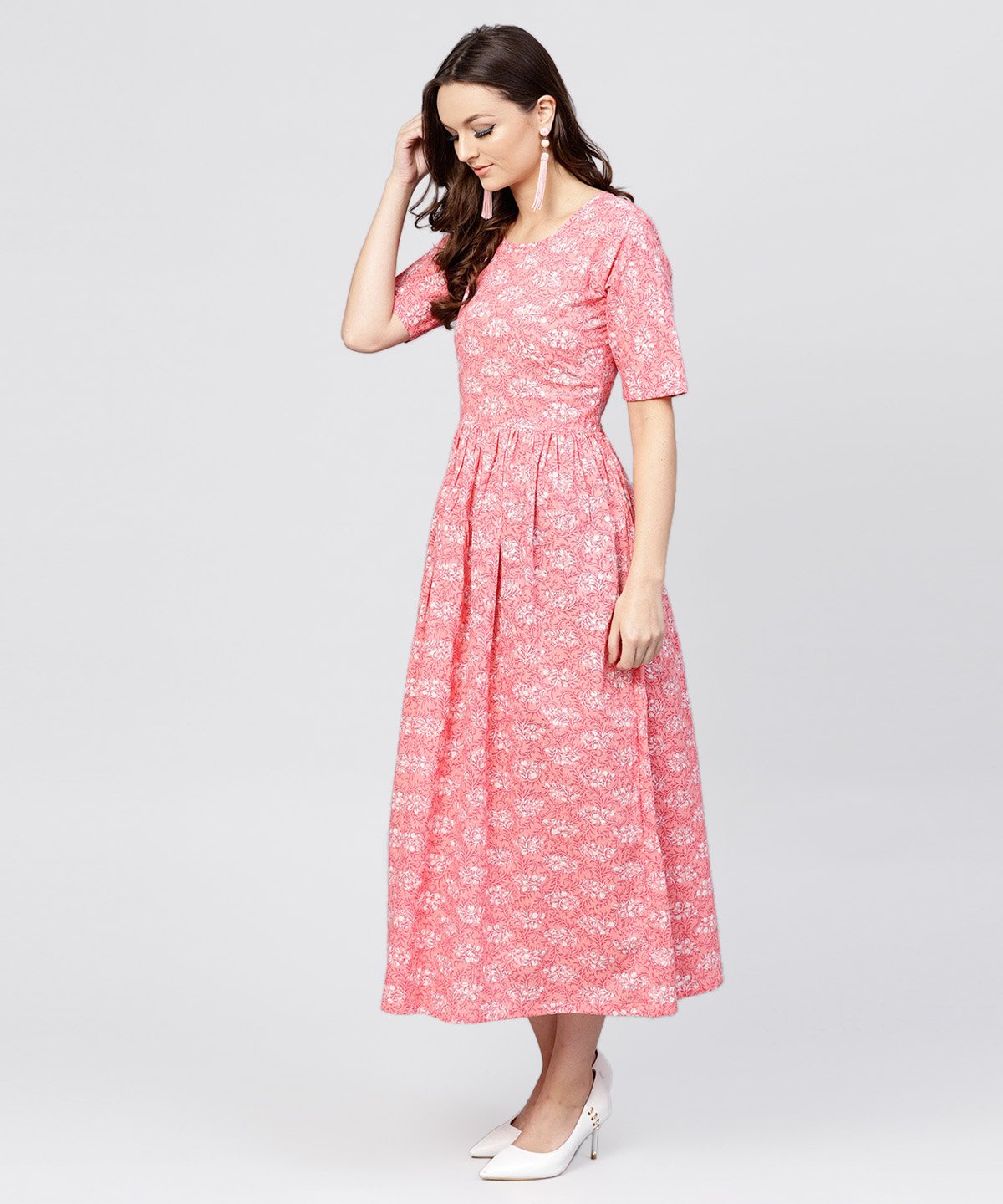 Pink Printed Dress With Round Neck And Half Sleeves | LASVINI - Redefining Indian Fashion with Elegance