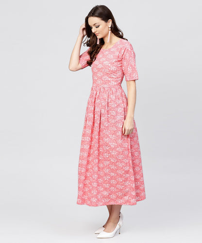 Pink Printed Dress With Round Neck And Half Sleeves | LASVINI - Redefining Indian Fashion with Elegance