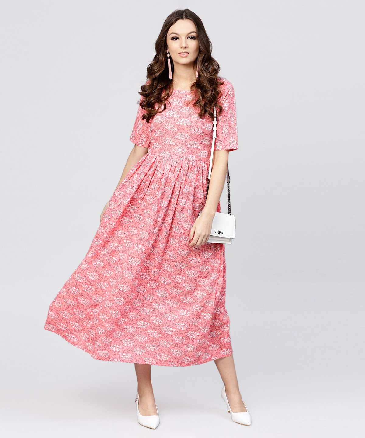Pink Printed Dress With Round Neck And Half Sleeves | LASVINI - Redefining Indian Fashion with Elegance